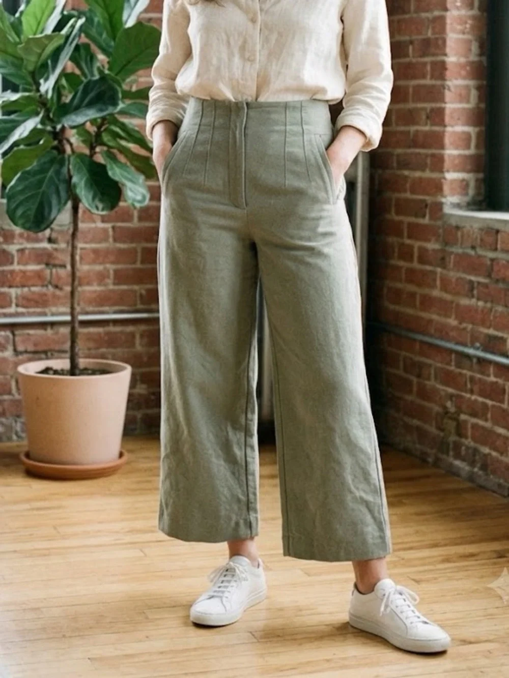 Zara Green Linen Wide Leg Cropped Paper Bag Waist Pants Small